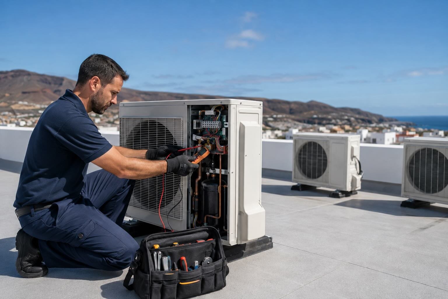 Técnico especializado revisando un equipo de aire acondicionado en Gran Canaria